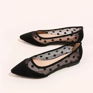 Chic Black Polka Dot Mesh Flats – Pointed Toe Sheer Ballet Shoes.